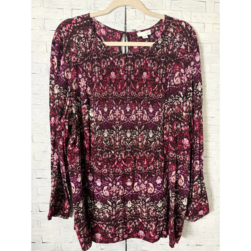 J Jill women’s blouse smoked front floral Bohemian hippie festival colorful￼